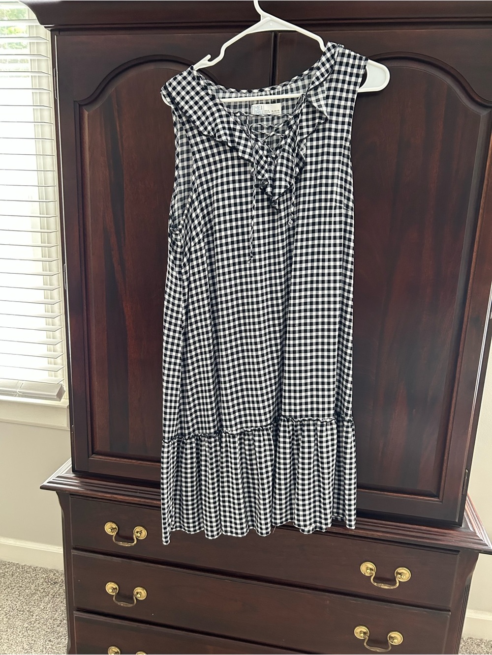 Time and Tru Black & White Gingham Ruffle Tie-Neck Mini Dress
